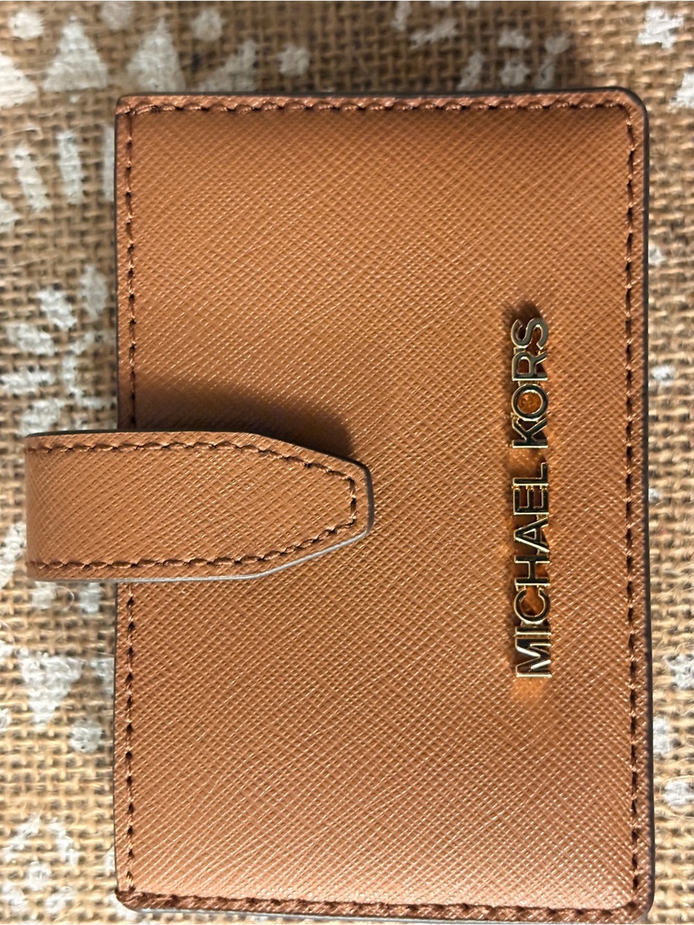 Michael Kors Tan Saffiano Card Case with Gold Logo Accent